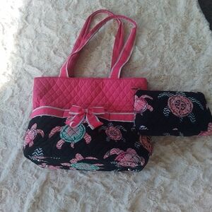 Belvah Pink and Black Quilted Tote Bag Set